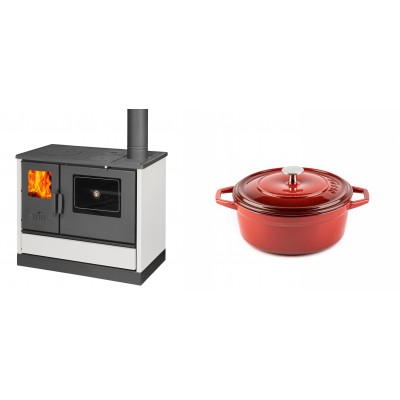 Set Küchenofen mit Backofen und Kochplatte Balkan Energy, Modell 4020 Weiß, Obere Platte aus Gusseisen, Leistung 7.9kW + Gusseisen Topf Tiefer Solagio, Rubin, Ф20 - Balkan Energy