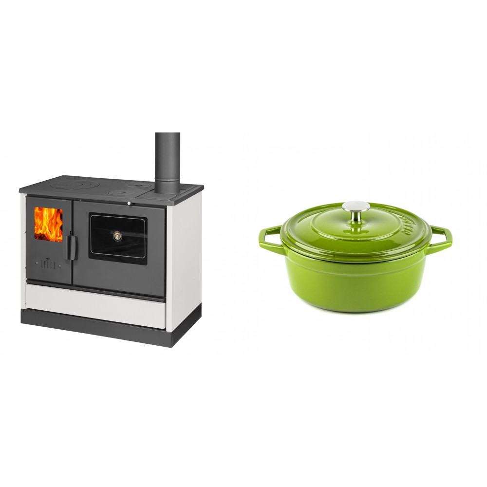 Set Küchenofen mit Backofen und Kochplatte Balkan Energy, Modell 4020 Weiß, Obere Platte aus Gusseisen, Leistung 7.9kW + Gusseisen Topf Tiefer Solagio, Bamboo, Ф20