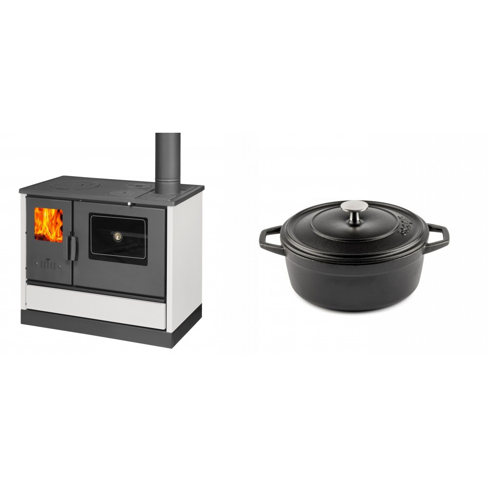 Set Küchenofen mit Backofen und Kochplatte Balkan Energy, Modell 4020 Weiß, Obere Platte aus Gusseisen, Leistung 7.9kW + Gusseisen Topf Tiefer Solagio, Black Onyx, Ф20
