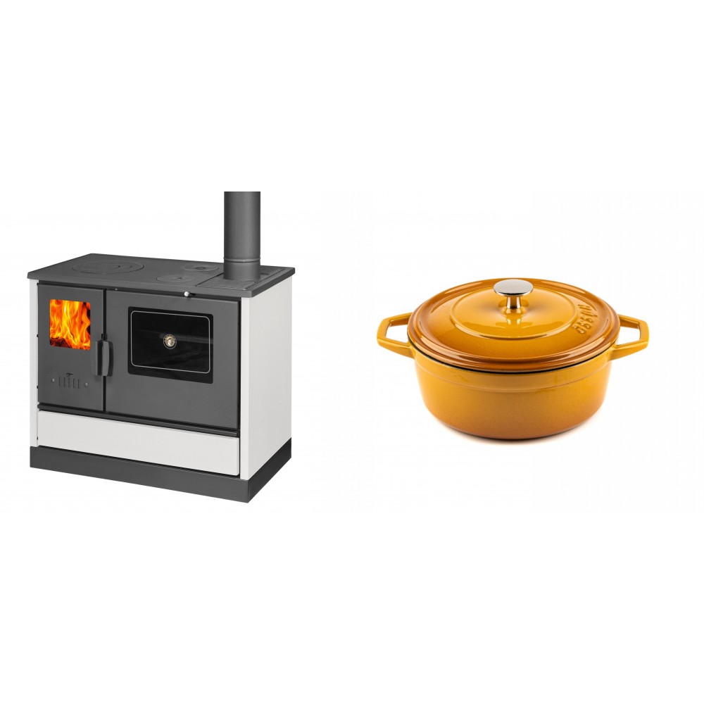 Set Küchenofen mit Backofen und Kochplatte Balkan Energy, Modell 4020 Weiß, Obere Platte aus Gusseisen, Leistung 7.9kW + Gusseisen Topf Tiefer Solagio, Dijon, Ф20 | Kaminofen - Holzofen mit Backfach | Kaminofen |