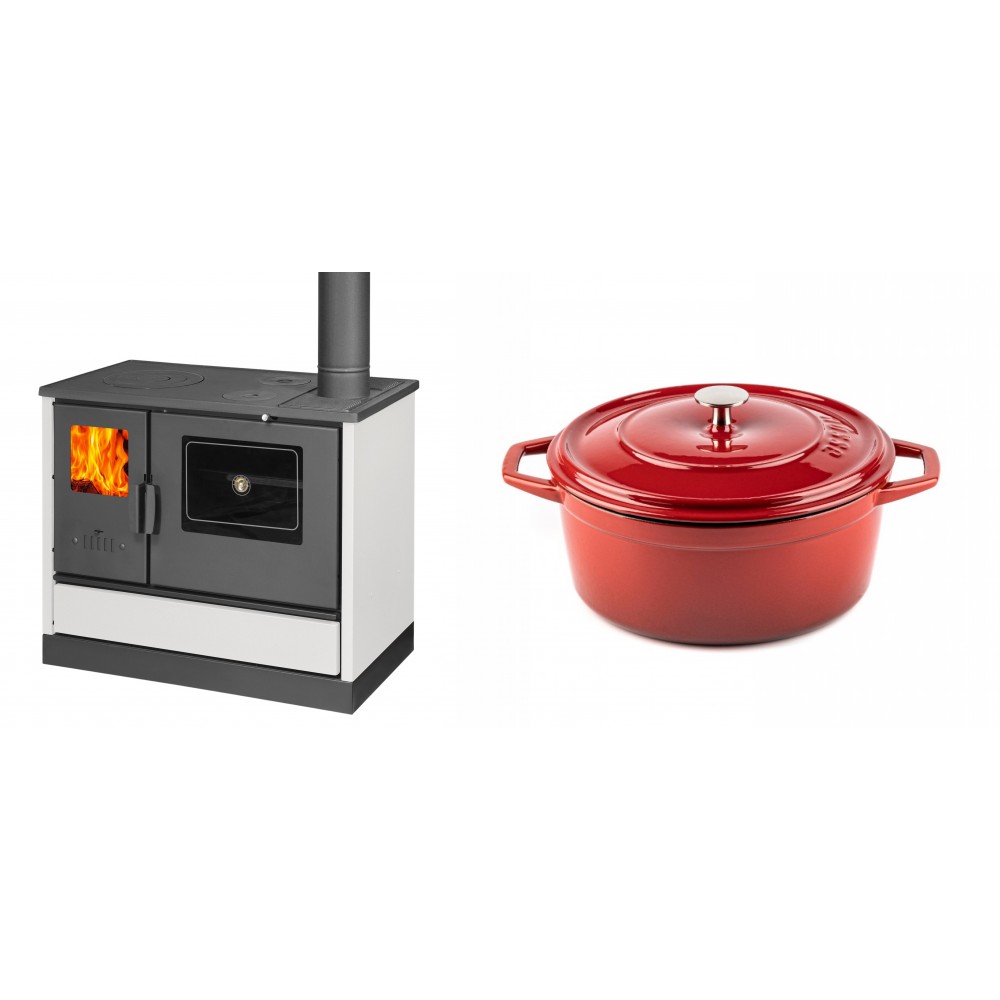 Set Küchenofen mit Backofen und Kochplatte Balkan Energy, Modell 4020 Weiß, Obere Platte aus Gusseisen, Leistung 7.9kW + Gusseisen Topf Tiefer Solagio, Rubin, Ф24