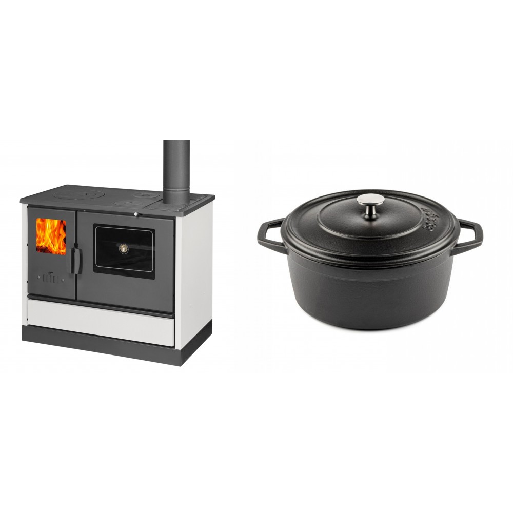 Set Küchenofen mit Backofen und Kochplatte Balkan Energy, Modell 4020 Weiß, Obere Platte aus Gusseisen, Leistung 7.9kW + Gusseisen Topf Tiefer Solagio, Black Onyx, Ф24