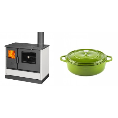 Set Küchenofen mit Backofen und Kochplatte Balkan Energy, Modell 4020 Weiß, Obere Platte aus Gusseisen, Leistung 7.9kW + Gusseisen Topf Flach Solagio, Bamboo, Ф26 - Balkan Energy