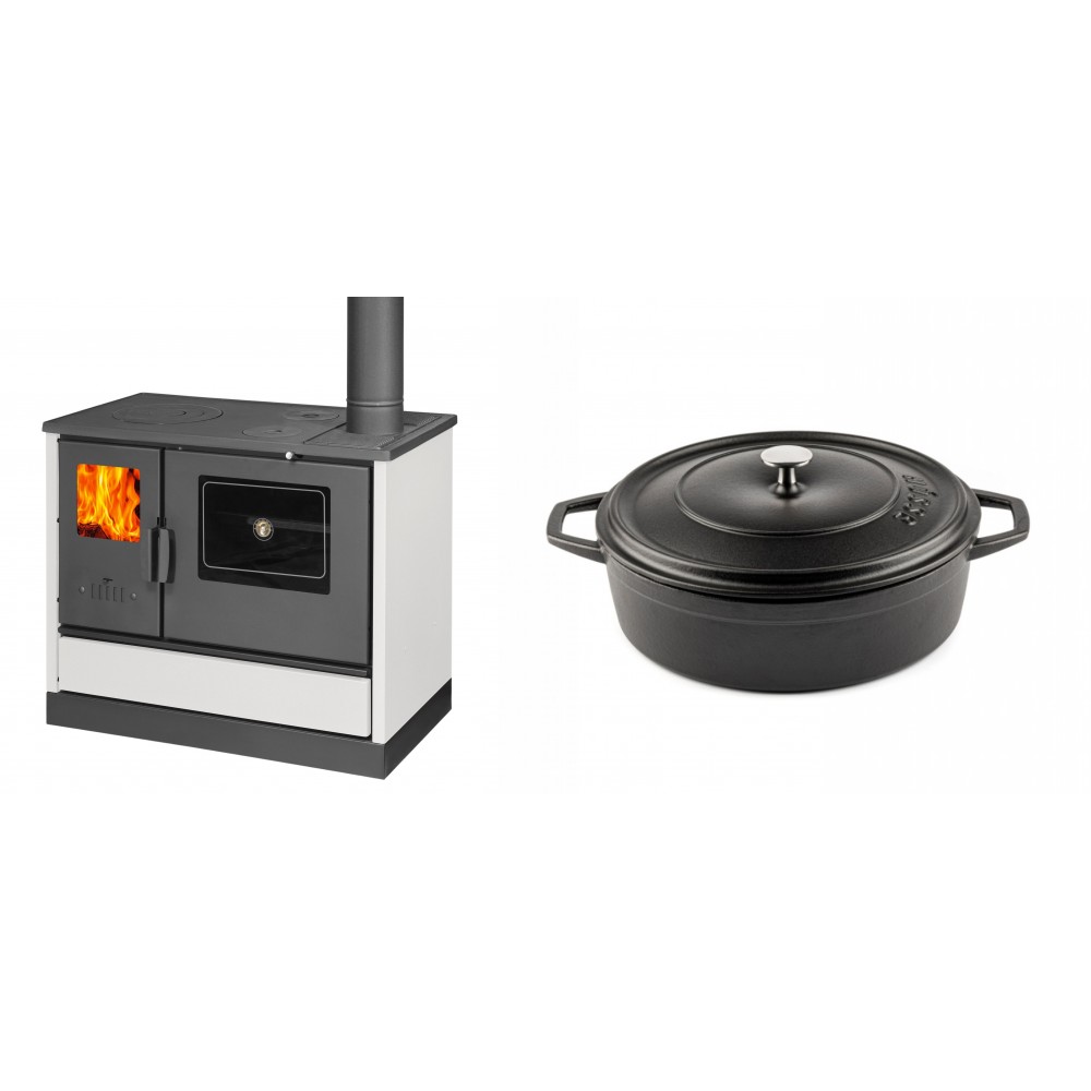Set Küchenofen mit Backofen und Kochplatte Balkan Energy, Modell 4020 Weiß, Obere Platte aus Gusseisen, Leistung 7.9kW + Gusseisen Topf Flach Solagio, Black Onyx, Ф26 | Kaminofen - Holzofen mit Backfach | Kaminofen |