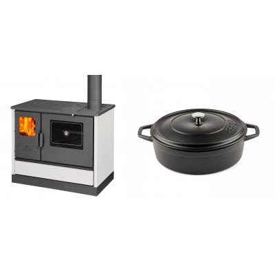 Set Küchenofen mit Backofen und Kochplatte Balkan Energy, Modell 4020 Weiß, Obere Platte aus Gusseisen, Leistung 7.9kW + Gusseisen Topf Flach Solagio, Black Onyx, Ф26 - Balkan Energy