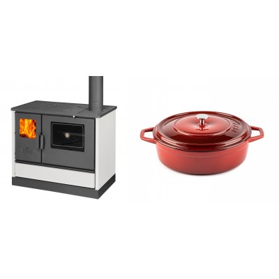 Set Küchenofen mit Backofen und Kochplatte Balkan Energy, Modell 4020 Weiß, Obere Platte aus Gusseisen, Leistung 7.9kW + Gusseisen Topf Flach Solagio, Rubin, Ф26 - Balkan Energy