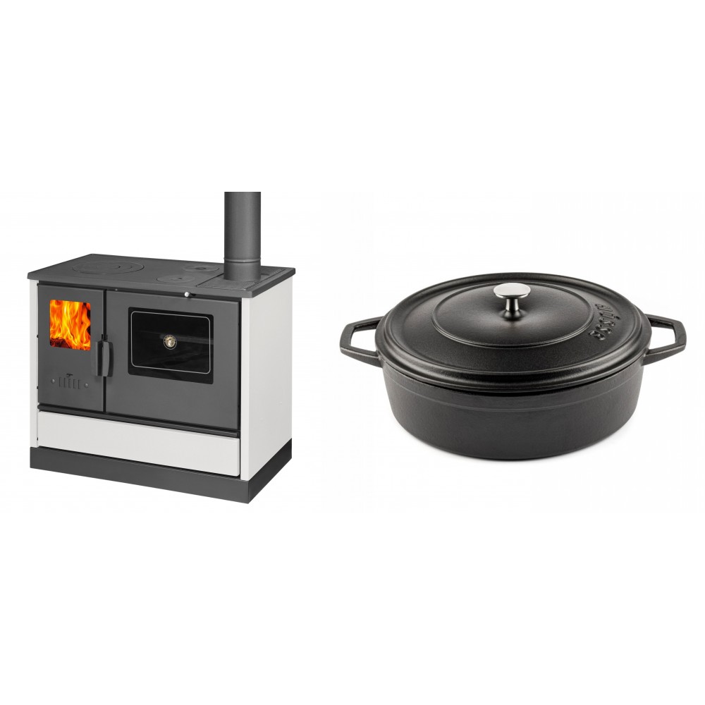Set Küchenofen mit Backofen und Kochplatte Balkan Energy, Modell 4020 Weiß, Obere Platte aus Gusseisen, Leistung 7.9kW + Gusseisen Topf Flach Solagio, Black Onyx, Ф28