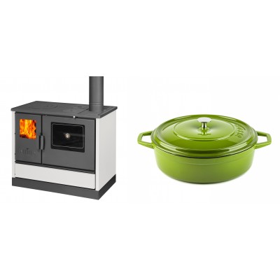 Set Küchenofen mit Backofen und Kochplatte Balkan Energy, Modell 4020 Weiß, Obere Platte aus Gusseisen, Leistung 7.9kW + Gusseisen Topf Flach Solagio, Bamboo, Ф28 - Balkan Energy