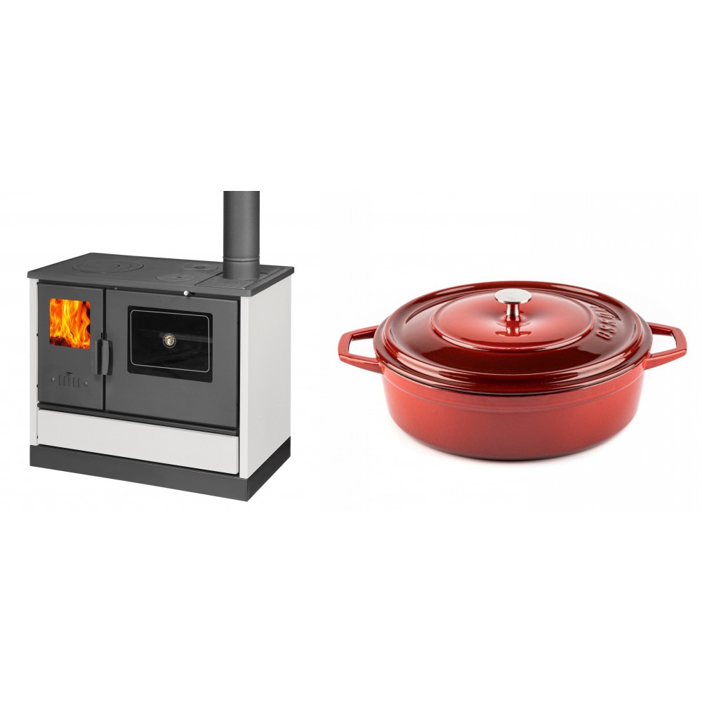 Set Küchenofen mit Backofen und Kochplatte Balkan Energy, Modell 4020 Weiß, Obere Platte aus Gusseisen, Leistung 7.9kW + Gusseisen Topf Flach Solagio, Rubin, Ф28