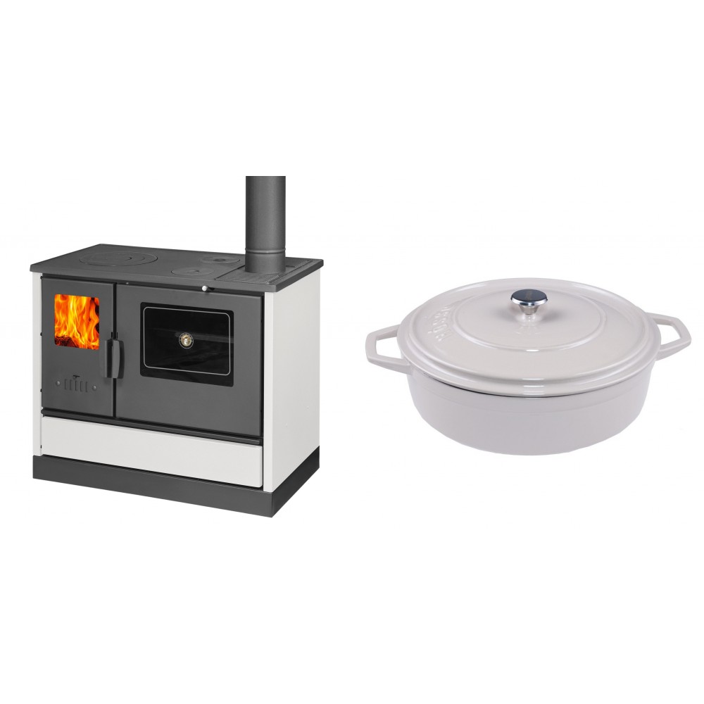 Set Küchenofen mit Backofen und Kochplatte Balkan Energy, Modell 4020 Weiß, Obere Platte aus Gusseisen, Leistung 7.9kW + Gusseisen Topf Flach Solagio, Ivory, Ф28 | Kaminofen - Holzofen mit Backfach | Kaminofen |