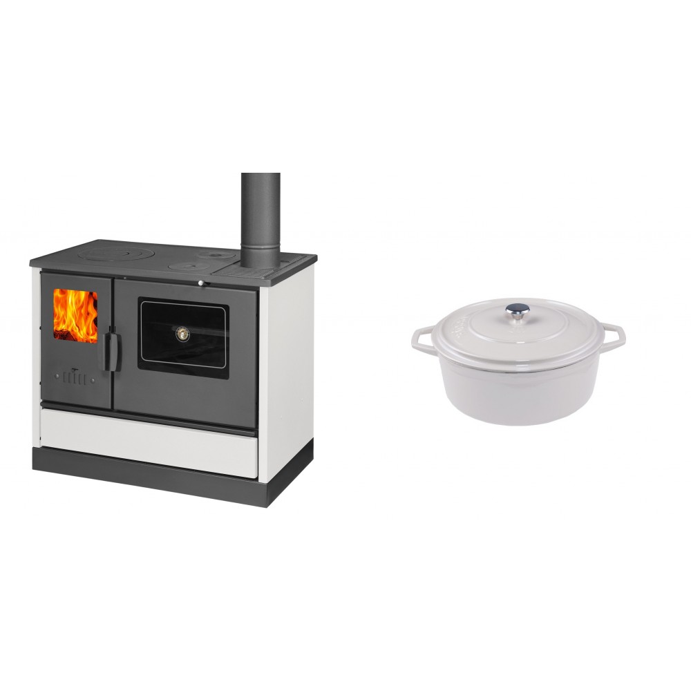 Set Küchenofen mit Backofen und Kochplatte Balkan Energy, Modell 4020 Weiß, Obere Platte aus Gusseisen, Leistung 7.9kW + Gusseisen Topf Tiefer Solagio, Ivory, Ф12