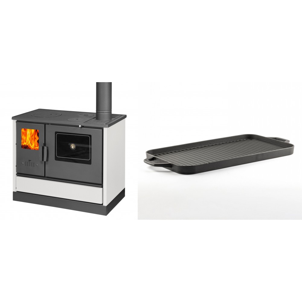 Set Küchenofen mit Backofen und Kochplatte Balkan Energy, Modell 4020 Weiß, Obere Platte aus Gusseisen, Leistung 7.9kW + Große Grillplatte aus Gusseisen Solagio, 25x44cm | Kaminofen - Holzofen mit Backfach | Kaminofen |