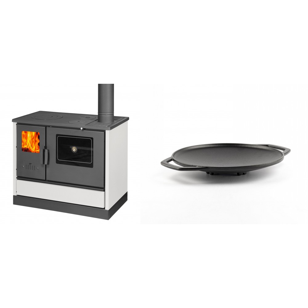 Set Küchenofen mit Backofen und Kochplatte Balkan Energy, Modell 4020 Weiß, Obere Platte aus Gusseisen, Leistung 7.9kW + Backplatte aus Gusseisen Solagio, Ф28cm