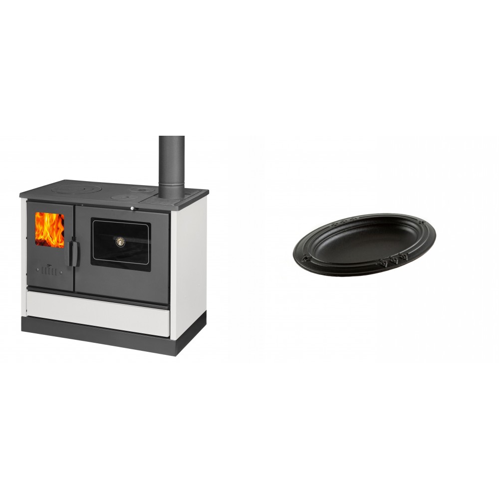 Set Küchenofen mit Backofen und Kochplatte Balkan Energy, Modell 4020 Weiß, Obere Platte aus Gusseisen, Leistung 7.9kW + Gusseiserne auflaufform Solagio oval, 17x28cm