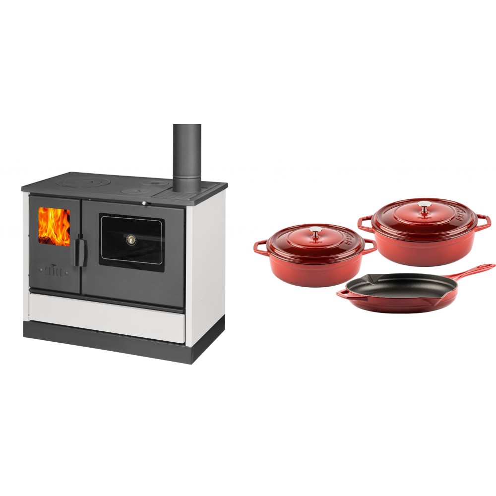 Set Küchenofen mit Backofen und Kochplatte Balkan Energy, Modell 4020 Weiß, Obere Platte aus Gusseisen, Leistung 7.9kW + Gusseisen Topf Set aus 3 teilen Solagio, Rubin