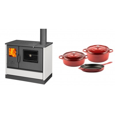 Set Küchenofen mit Backofen und Kochplatte Balkan Energy, Modell 4020 Weiß, Obere Platte aus Gusseisen, Leistung 7.9kW + Gusseisen Topf Set aus 3 teilen Solagio, Rubin - Balkan Energy