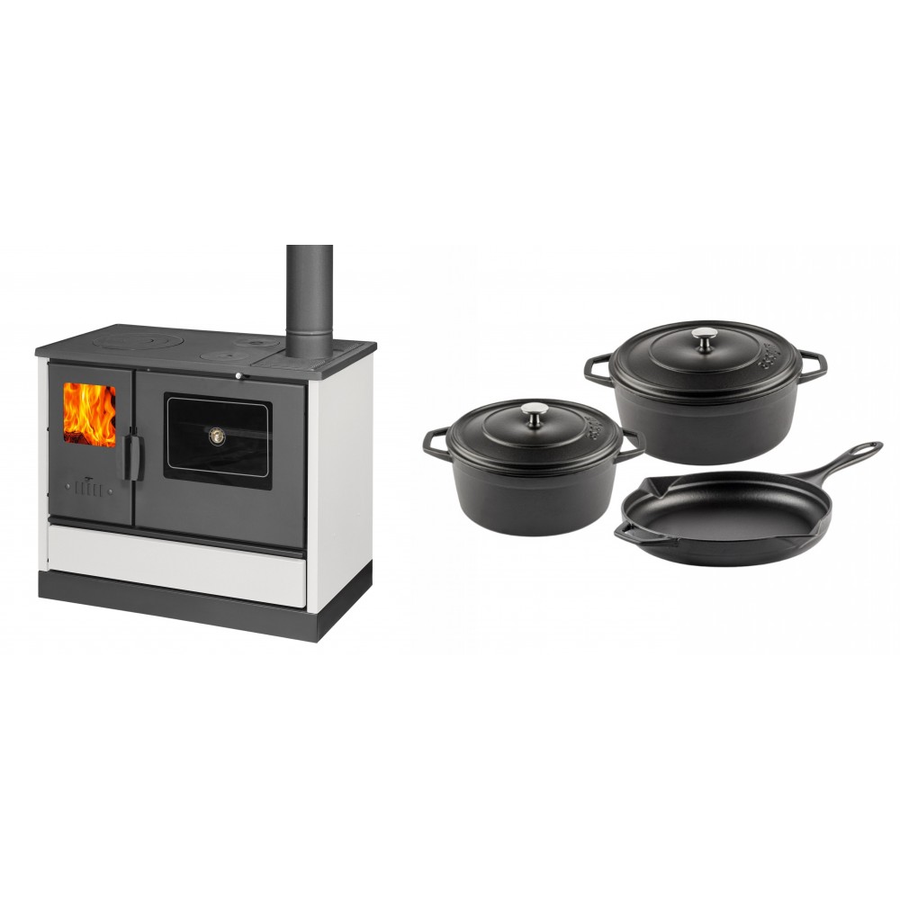 Set Küchenofen mit Backofen und Kochplatte Balkan Energy, Modell 4020 Weiß, Obere Platte aus Gusseisen, Leistung 7.9kW + Gusseisen Topf Set aus 3 teilen Solagio, Black Onyx