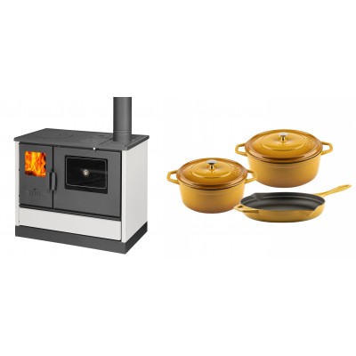 Set Küchenofen mit Backofen und Kochplatte Balkan Energy, Modell 4020 Weiß, Obere Platte aus Gusseisen, Leistung 7.9kW + Gusseisen Topf Set aus 3 teilen Solagio, Dijon - Balkan Energy