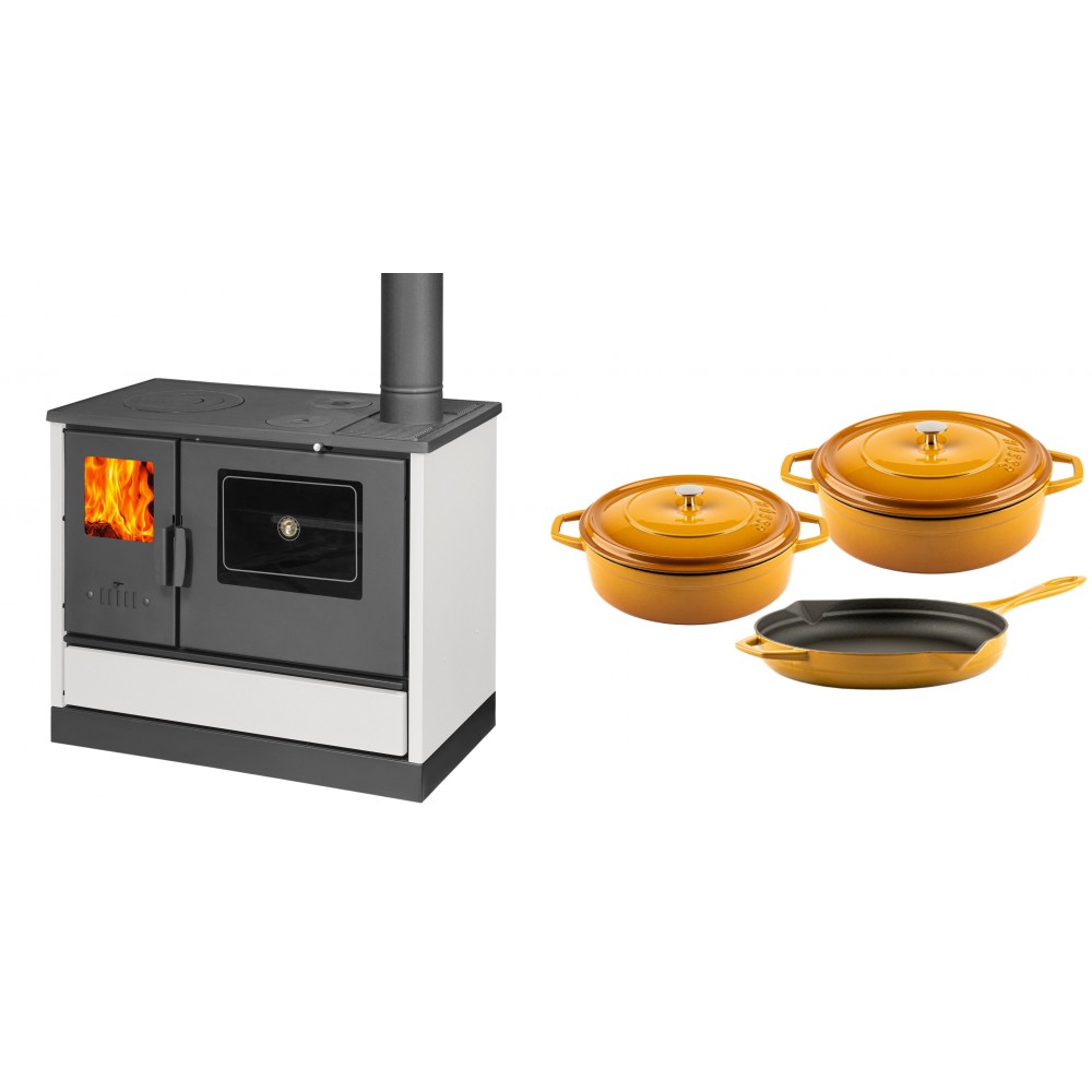 Set Küchenofen mit Backofen und Kochplatte Balkan Energy, Modell 4020 Weiß, Obere Platte aus Gusseisen, Leistung 7.9kW + Gusseisen Topf Set aus 3 teilen Solagio, Dijon | Kaminofen - Holzofen mit Backfach | Kaminofen |