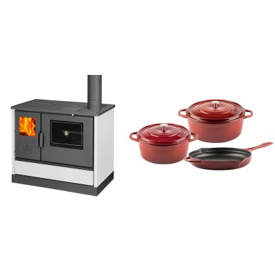 Set Küchenofen mit Backofen und Kochplatte Balkan Energy, Modell 4020 Weiß, Obere Platte aus Gusseisen, Leistung 7.9kW + Gusseisen Topf Set aus 3 teilen Solagio, Rubin - Balkan Energy