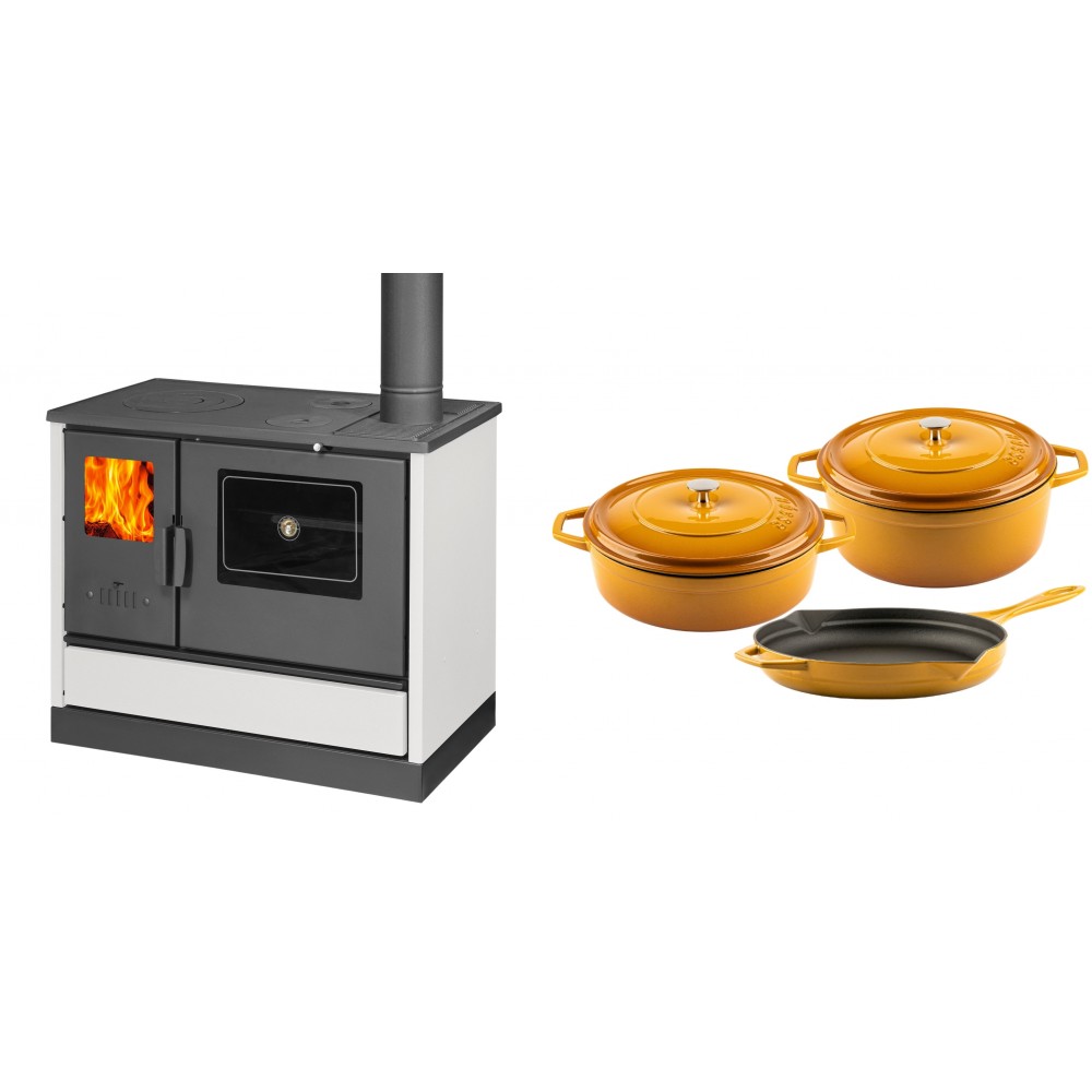 Set Küchenofen mit Backofen und Kochplatte Balkan Energy, Modell 4020 Weiß, Obere Platte aus Gusseisen, Leistung 7.9kW + Gusseisen Topf Set aus 3 teilen Solagio, Dijon | Kaminofen - Holzofen mit Backfach | Kaminofen |