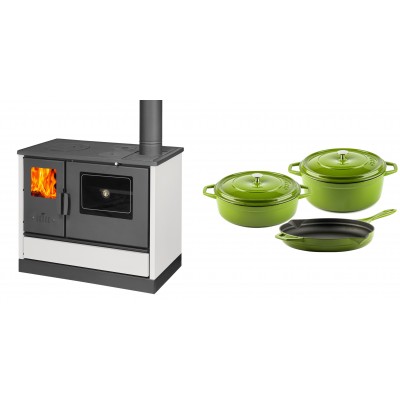 Set Küchenofen mit Backofen und Kochplatte Balkan Energy, Modell 4020 Weiß, Obere Platte aus Gusseisen, Leistung 7.9kW + Gusseisen Topf Set aus 3 teilen Solagio, Bamboo - Balkan Energy