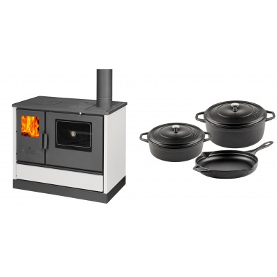 Set Küchenofen mit Backofen und Kochplatte Balkan Energy, Modell 4020 Weiß, Obere Platte aus Gusseisen, Leistung 7.9kW + Gusseisen Topf Set aus 3 teilen Solagio, Black Onyx - Balkan Energy