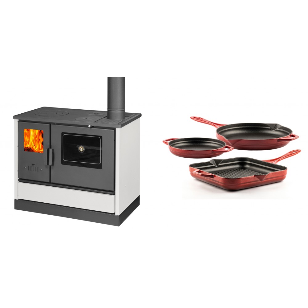 Set Küchenofen mit Backofen und Kochplatte Balkan Energy, Modell 4020 Weiß, Obere Platte aus Gusseisen, Leistung 7.9kW + Gusseisen Topf Set aus 3 teilen Solagio, Rubin | Kaminofen - Holzofen mit Backfach | Kaminofen |