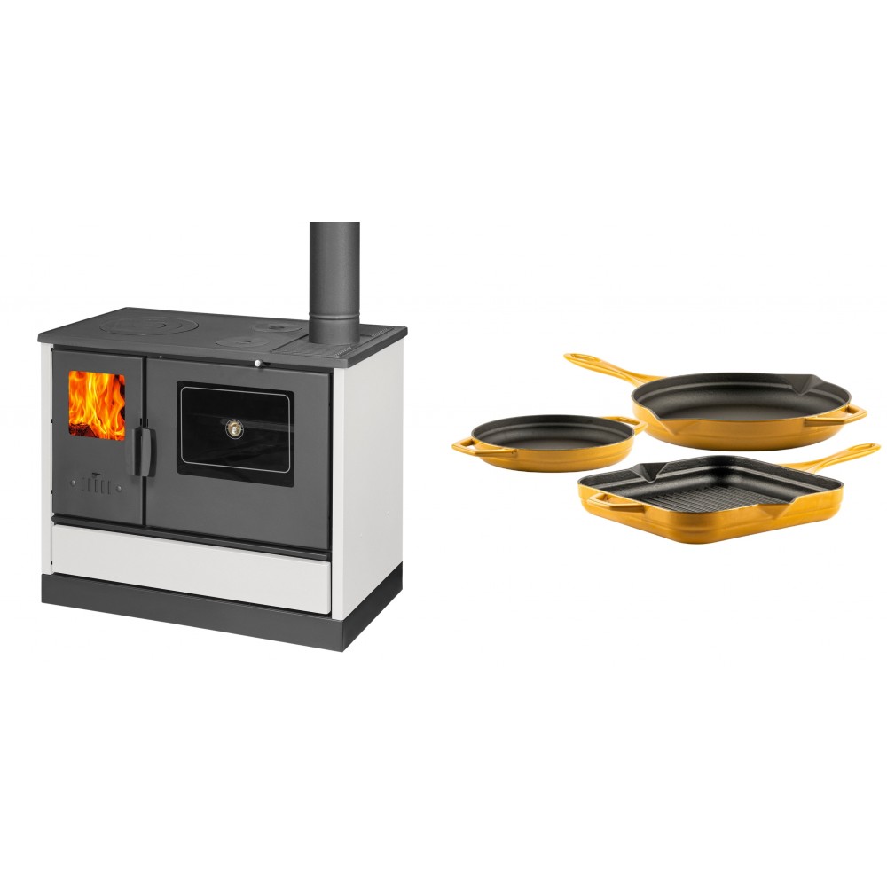 Set Küchenofen mit Backofen und Kochplatte Balkan Energy, Modell 4020 Weiß, Obere Platte aus Gusseisen, Leistung 7.9kW + Gusseisen Topf Set aus 3 teilen Solagio, Dijon