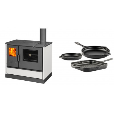 Set Küchenofen mit Backofen und Kochplatte Balkan Energy, Modell 4020 Weiß, Obere Platte aus Gusseisen, Leistung 7.9kW + Gusseisen Topf Set aus 3 teilen Solagio, Black Onyx - Balkan Energy