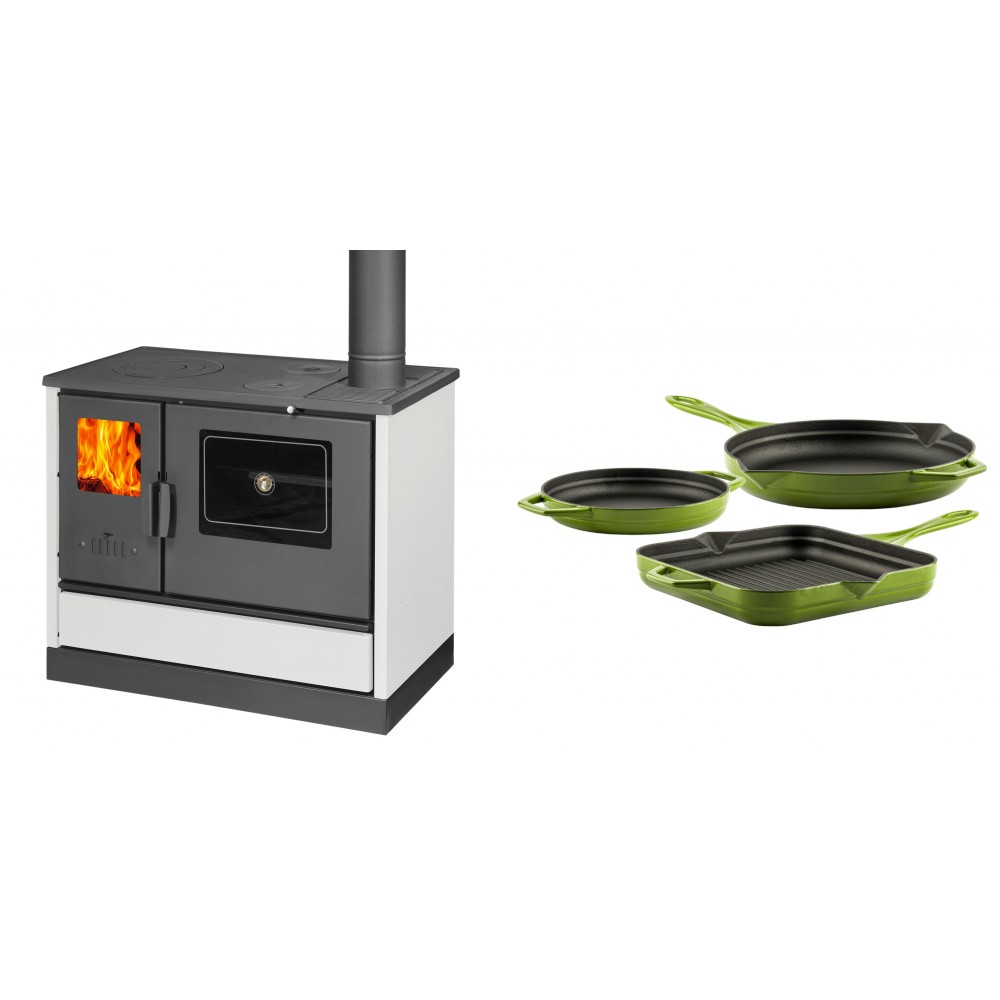 Set Küchenofen mit Backofen und Kochplatte Balkan Energy, Modell 4020 Weiß, Obere Platte aus Gusseisen, Leistung 7.9kW + Gusseisen Topf Set aus 3 teilen Solagio, Bamboo | Kaminofen - Holzofen mit Backfach | Kaminofen |