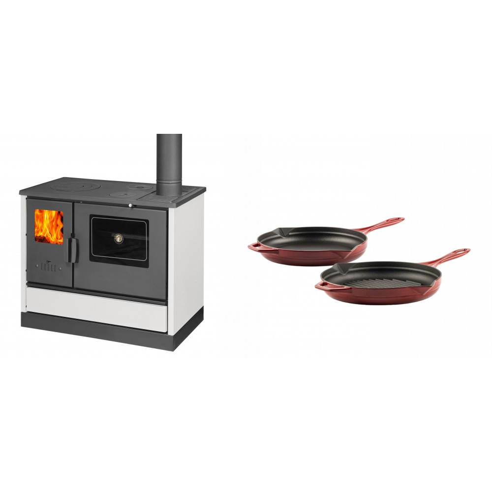 Set Küchenofen mit Backofen und Kochplatte Balkan Energy, Modell 4020 Weiß, Obere Platte aus Gusseisen, Leistung 7.9kW + Gusseisen Topf Set aus 2 teilen Solagio, Rubin