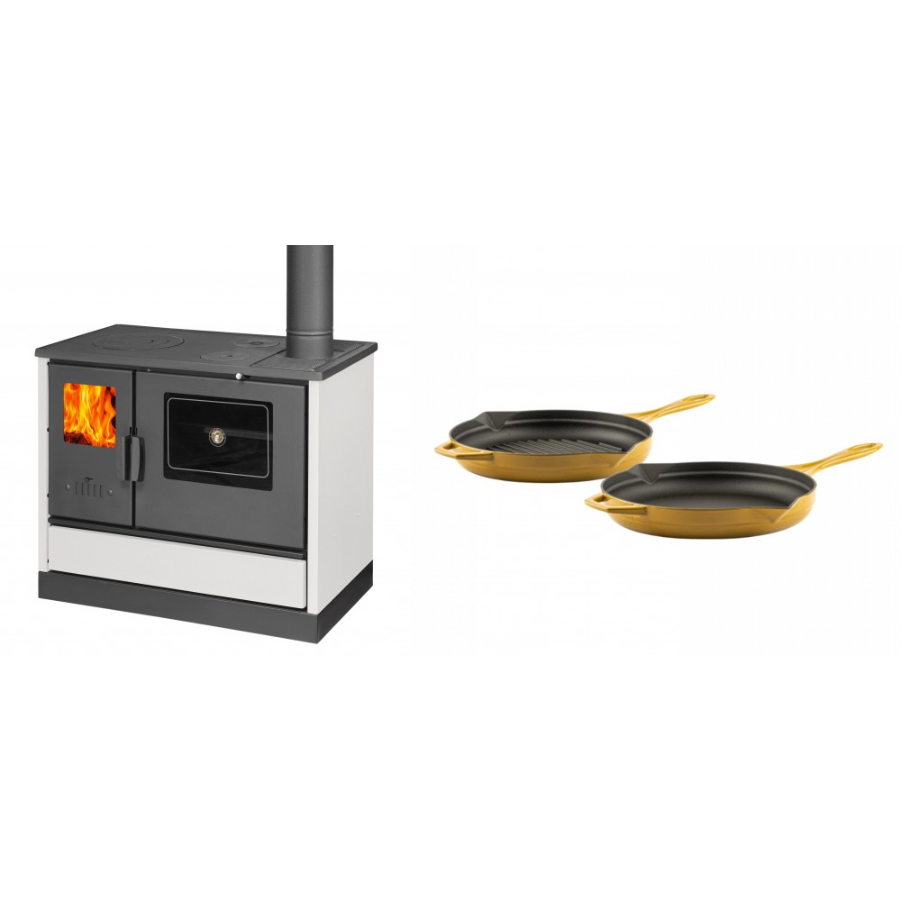 Set Küchenofen mit Backofen und Kochplatte Balkan Energy, Modell 4020 Weiß, Obere Platte aus Gusseisen, Leistung 7.9kW + Gusseisen Topf Set aus 2 teilen Solagio, Dijon | Kaminofen - Holzofen mit Backfach | Kaminofen |