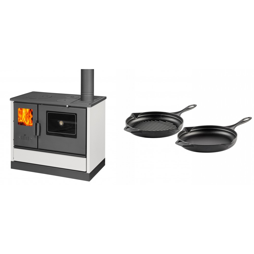 Set Küchenofen mit Backofen und Kochplatte Balkan Energy, Modell 4020 Weiß, Obere Platte aus Gusseisen, Leistung 7.9kW + Gusseisen Topf Set aus 2 teilen Solagio, Black Onyx | Kaminofen - Holzofen mit Backfach | Kaminofen |