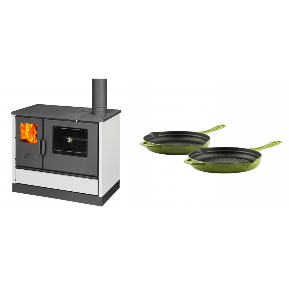 Set Küchenofen mit Backofen und Kochplatte Balkan Energy, Modell 4020 Weiß, Obere Platte aus Gusseisen, Leistung 7.9kW + Gusseisen Topf Set aus 2 teilen Solagio, Bamboo | Kaminofen - Holzofen mit Backfach | Kaminofen |