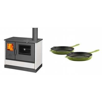 Set Küchenofen mit Backofen und Kochplatte Balkan Energy, Modell 4020 Weiß, Obere Platte aus Gusseisen, Leistung 7.9kW + Gusseisen Topf Set aus 2 teilen Solagio, Bamboo - Balkan Energy