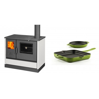 Set Küchenofen mit Backofen und Kochplatte Balkan Energy, Modell 4020 Weiß, Obere Platte aus Gusseisen, Leistung 7.9kW + Gusseisen Topf Set aus 2 teilen Solagio, Bamboo - Balkan Energy