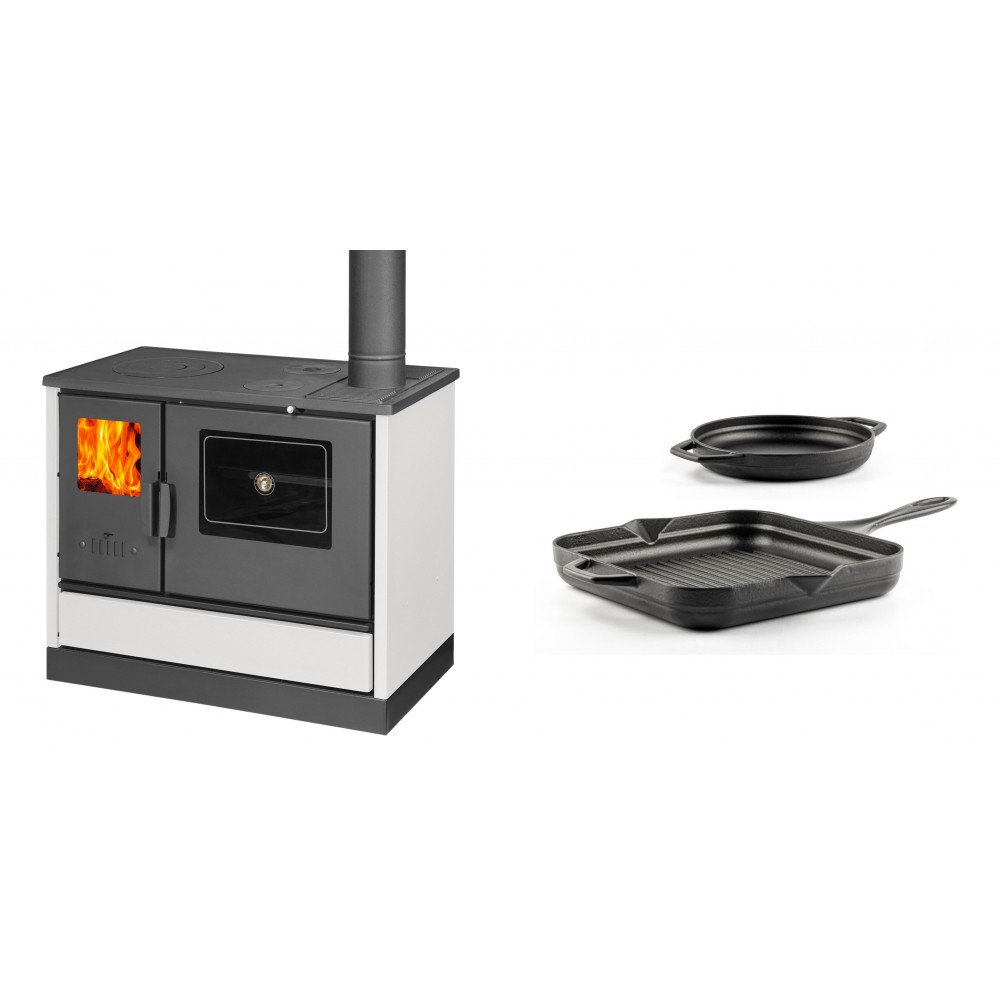 Set Küchenofen mit Backofen und Kochplatte Balkan Energy, Modell 4020 Weiß, Obere Platte aus Gusseisen, Leistung 7.9kW + Gusseisen Topf Set aus 2 teilen Solagio, Black Onyx | Kaminofen - Holzofen mit Backfach | Kaminofen |