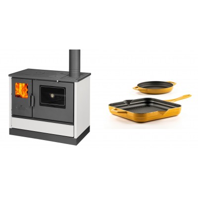 Set Küchenofen mit Backofen und Kochplatte Balkan Energy, Modell 4020 Weiß, Obere Platte aus Gusseisen, Leistung 7.9kW + Gusseisen Topf Set aus 2 teilen Solagio, Dijon - Balkan Energy