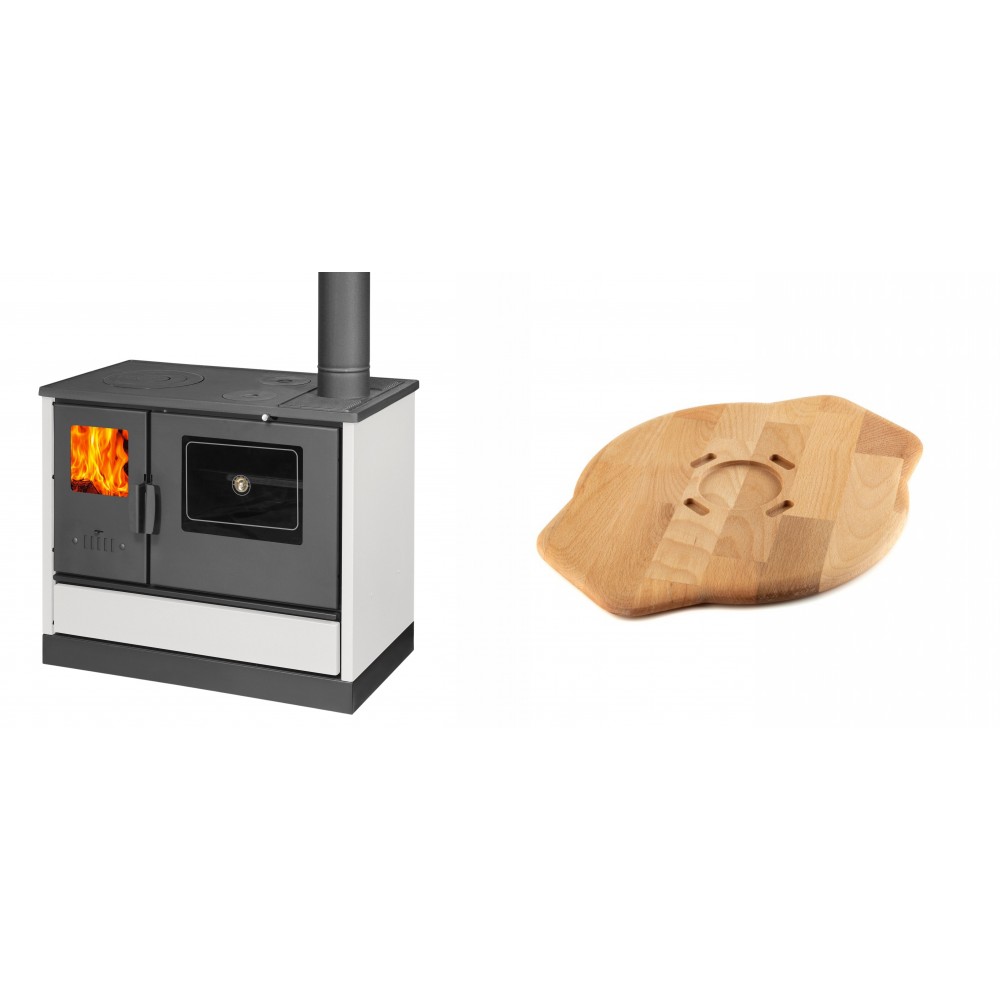 Set Küchenofen mit Backofen und Kochplatte Balkan Energy, Modell 4020 Weiß, Obere Platte aus Gusseisen, Leistung 7.9kW + Holz untersetzer für Gusseisenplatte Solagio HSYSAK28