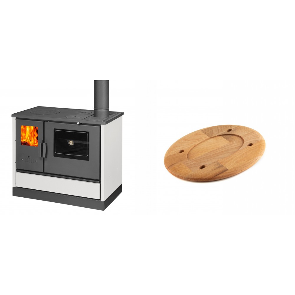 Set Küchenofen mit Backofen und Kochplatte Balkan Energy, Modell 4020 Weiß, Obere Platte aus Gusseisen, Leistung 7.9kW + Holz untersetzer für ovale platte Solagio HSOISK1728, 17x28cm