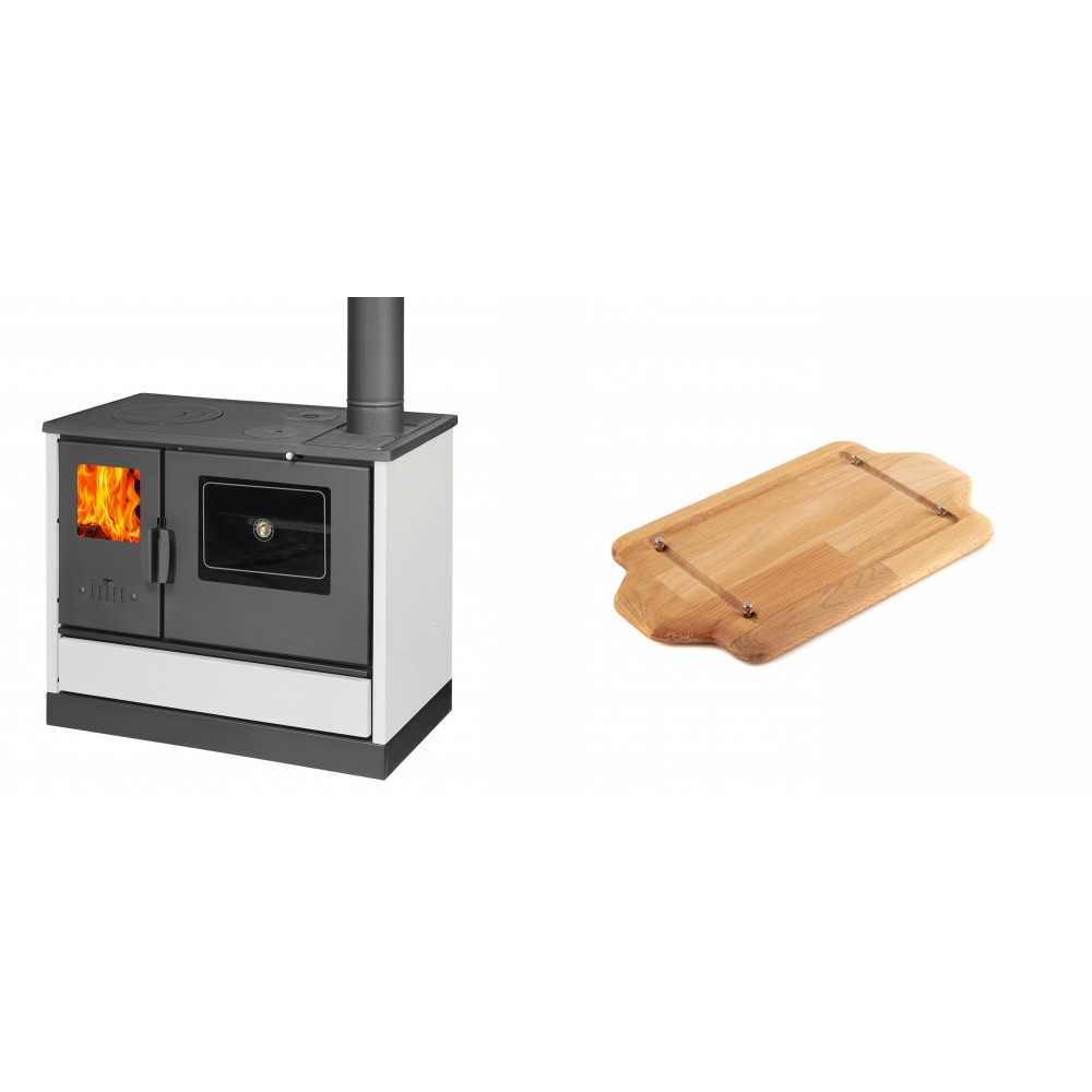 Set Küchenofen mit Backofen und Kochplatte Balkan Energy, Modell 4020 Weiß, Obere Platte aus Gusseisen, Leistung 7.9kW + Holz untersetzer für mini-gusseisenplatte Solagio HSDDHP1522