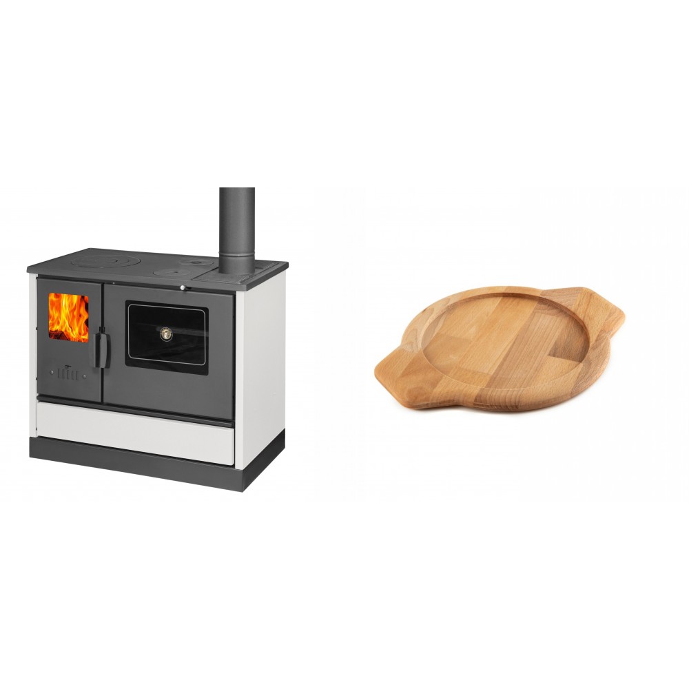 Set Küchenofen mit Backofen und Kochplatte Balkan Energy, Modell 4020 Weiß, Obere Platte aus Gusseisen, Leistung 7.9kW + Holz untersetzer für gusseisenschüssel Solagio HSYKTV22