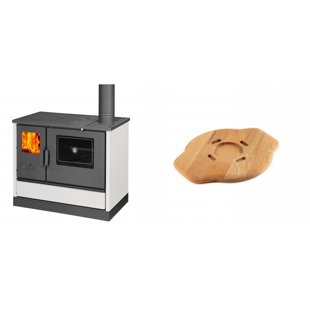 Set Küchenofen mit Backofen und Kochplatte Balkan Energy, Modell 4020 Weiß, Obere Platte aus Gusseisen, Leistung 7.9kW + Holz untersetzer für gusseisenplatte Solagio HSYSAK20
