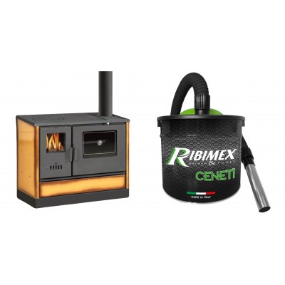 Set Küchenofen mit Backofen und Kochplatte Balkan Energy, Modell 4020 Cappuccino, Obere Platte aus Gusseisen, Leistung 7.9kW + Elektrischer Aschesauger Ribimex, Modell Cenetì, Fassungsvermögen 15 L - Balkan Energy