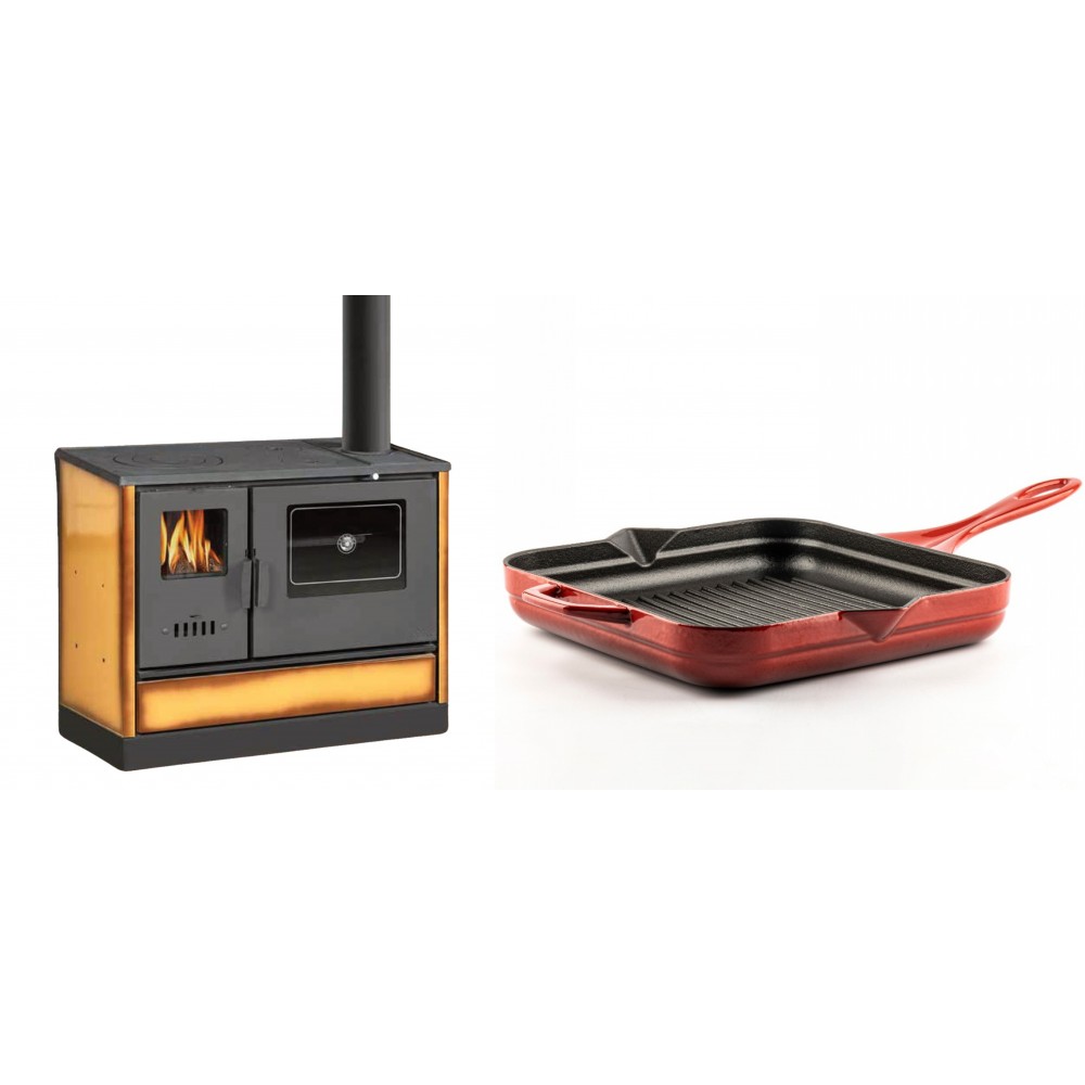 Set Küchenofen mit Backofen und Kochplatte Balkan Energy, Modell 4020 Cappuccino, Obere Platte aus Gusseisen, Leistung 7.9kW + Emaillierte grillpfanne Gusseisen Solagio, Rubin, 28x28cm