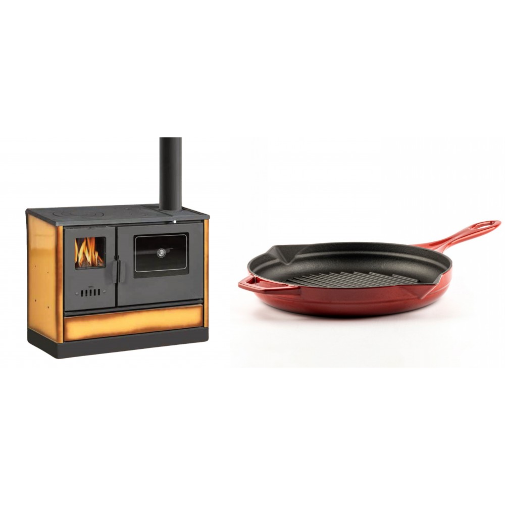 Set Küchenofen mit Backofen und Kochplatte Balkan Energy, Modell 4020 Cappuccino, Obere Platte aus Gusseisen, Leistung 7.9kW + Emaillierte grillpfanne Gusseisen Solagio, Rubin, Ф28cm