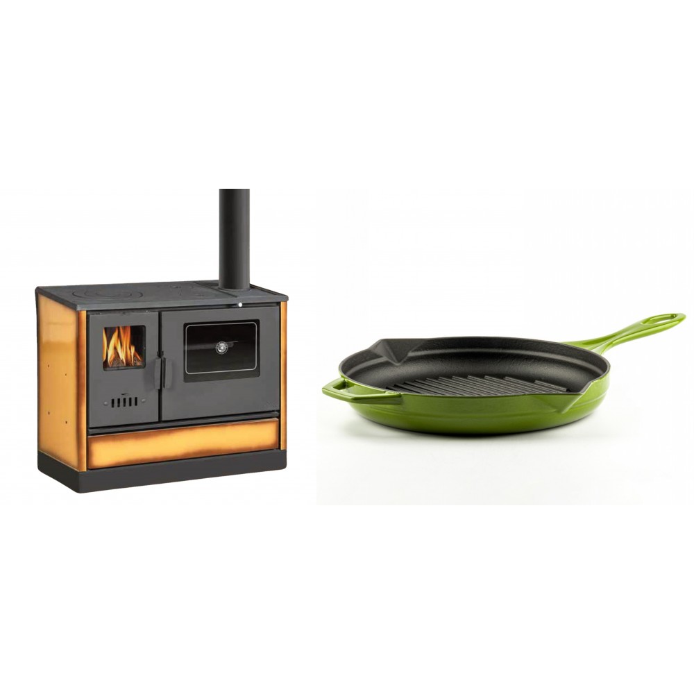 Set Küchenofen mit Backofen und Kochplatte Balkan Energy, Modell 4020 Cappuccino, Obere Platte aus Gusseisen, Leistung 7.9kW + Emaillierte grillpfanne Gusseisen Solagio, Bamboo, Ф28cm
