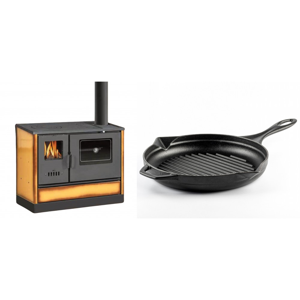 Set Küchenofen mit Backofen und Kochplatte Balkan Energy, Modell 4020 Cappuccino, Obere Platte aus Gusseisen, Leistung 7.9kW + Emaillierte grillpfanne Gusseisen Solagio, Black Onyx, Ф28cm