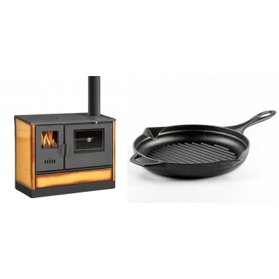 Set Küchenofen mit Backofen und Kochplatte Balkan Energy, Modell 4020 Cappuccino, Obere Platte aus Gusseisen, Leistung 7.9kW + Emaillierte grillpfanne Gusseisen Solagio, Black Onyx, Ф28cm - Balkan Energy